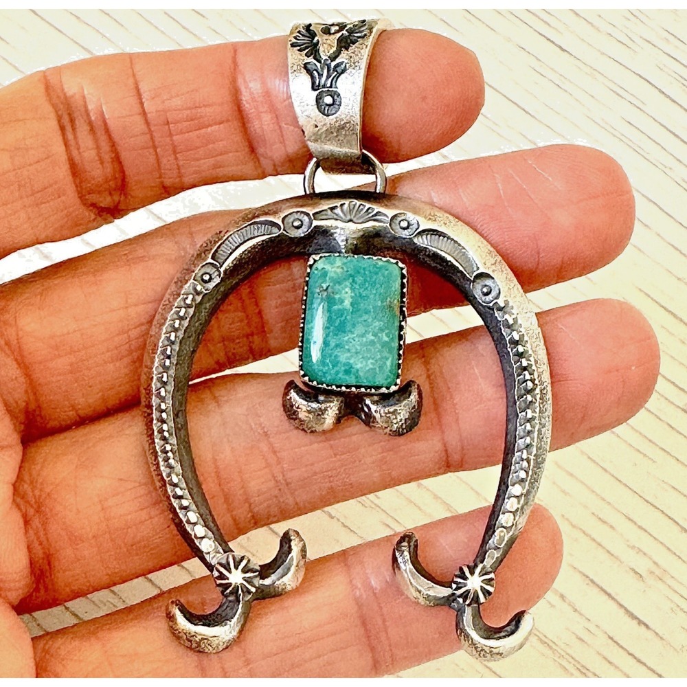 Navajo Naja Pendant Turquoise 2.75in Squash Blossom Matte Pearl Signed EL Billah
